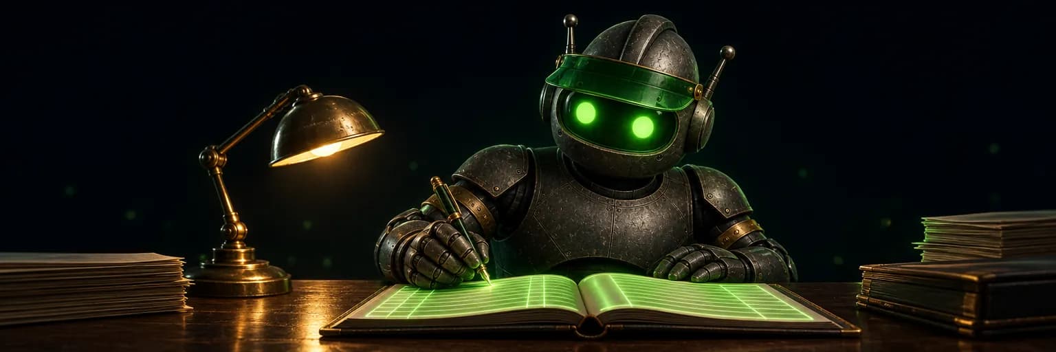Bookie at a desk at night, writing in a ledger whose pages glow green, beside a brass lamp