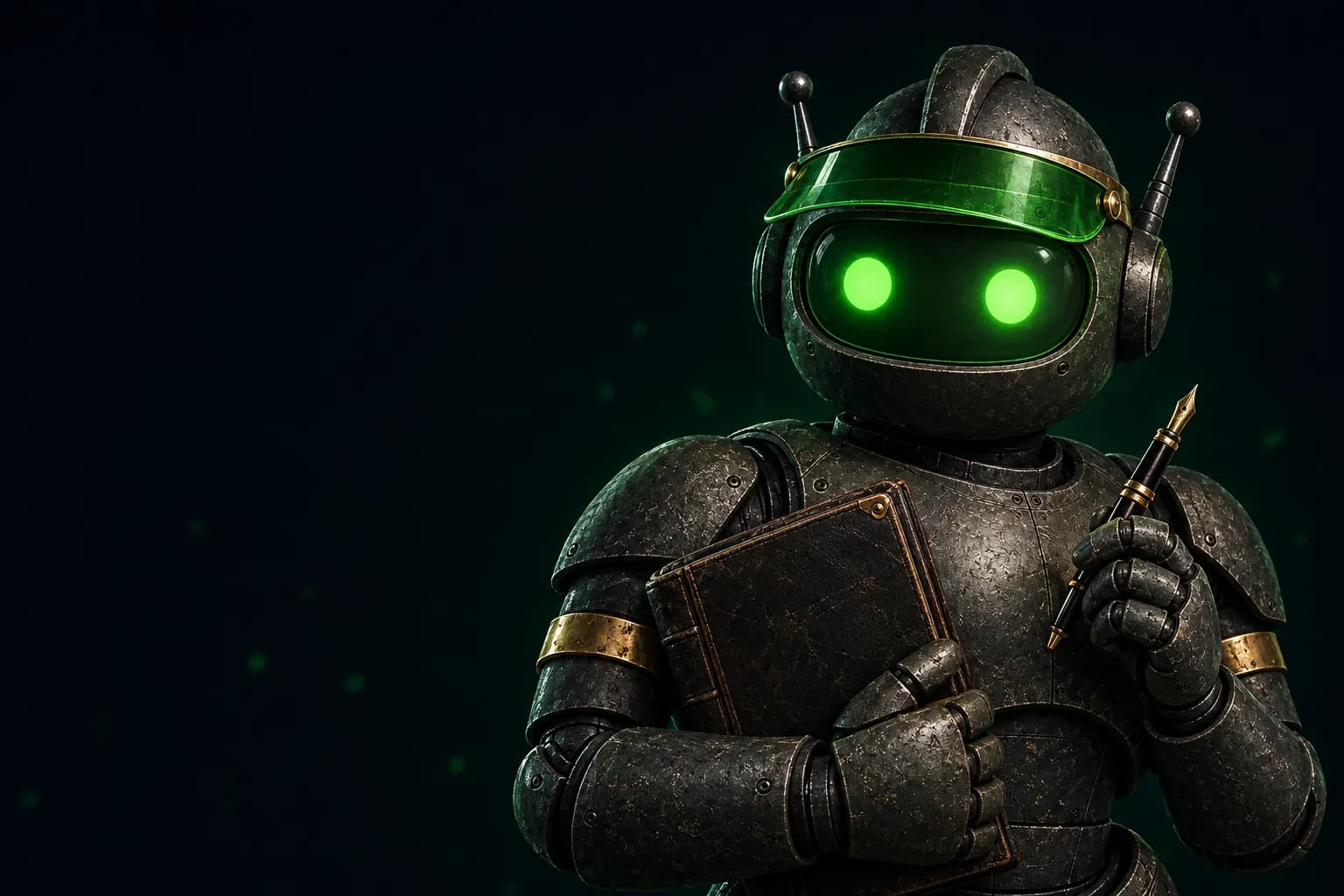 Bookie, a weathered gunmetal robot with glowing green eyes and a green banker's visor, holding a ledger and a fountain pen