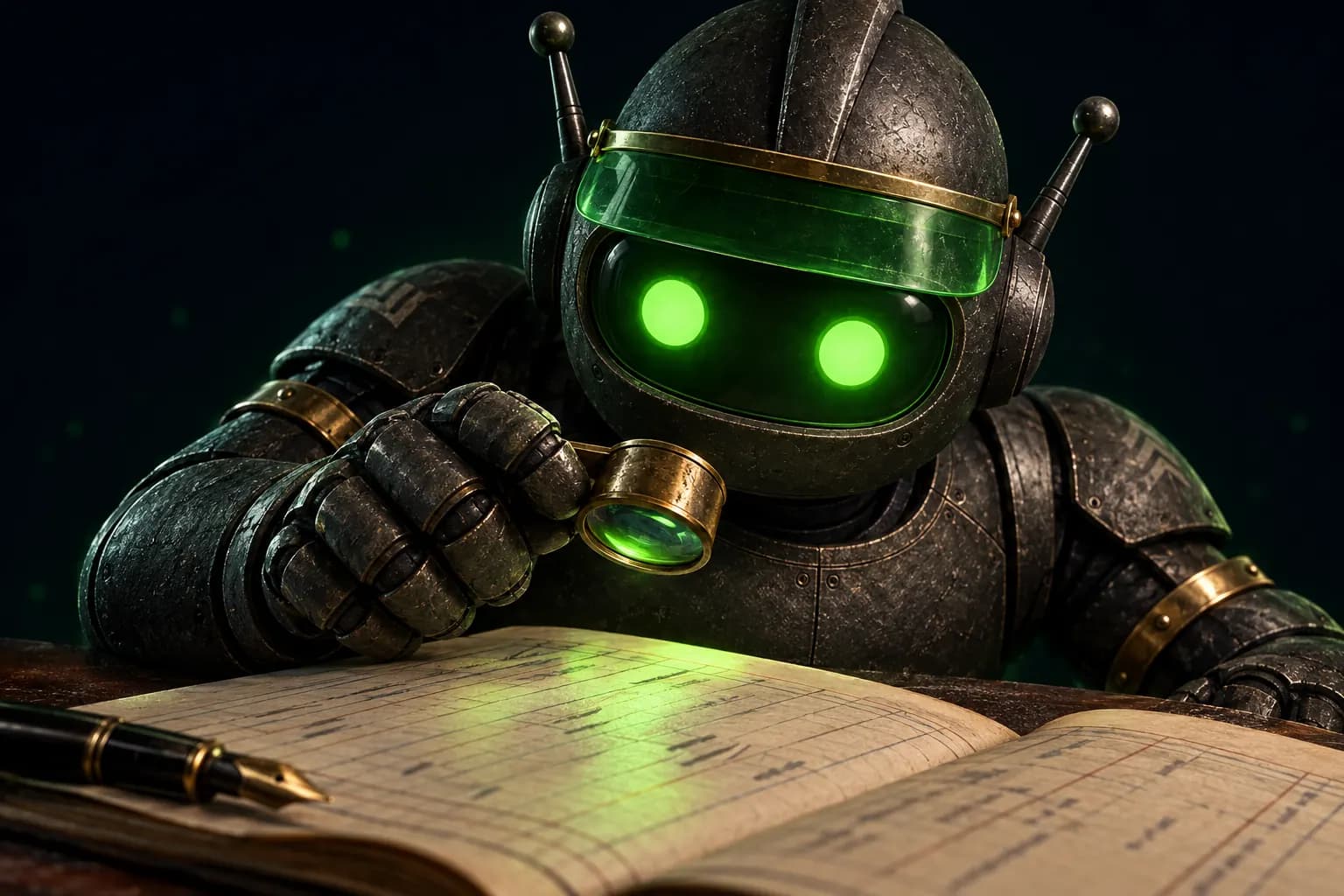Bookie examining an open ledger through a brass loupe