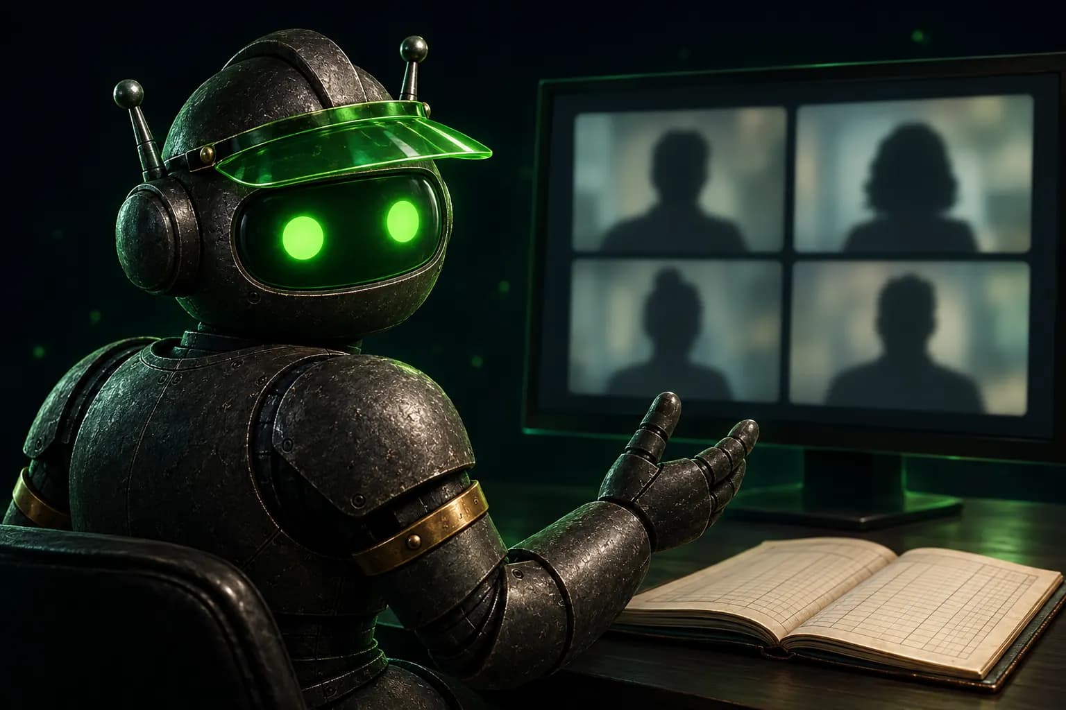 Bookie on a Teams video call, explaining a ledger to four colleagues on screen